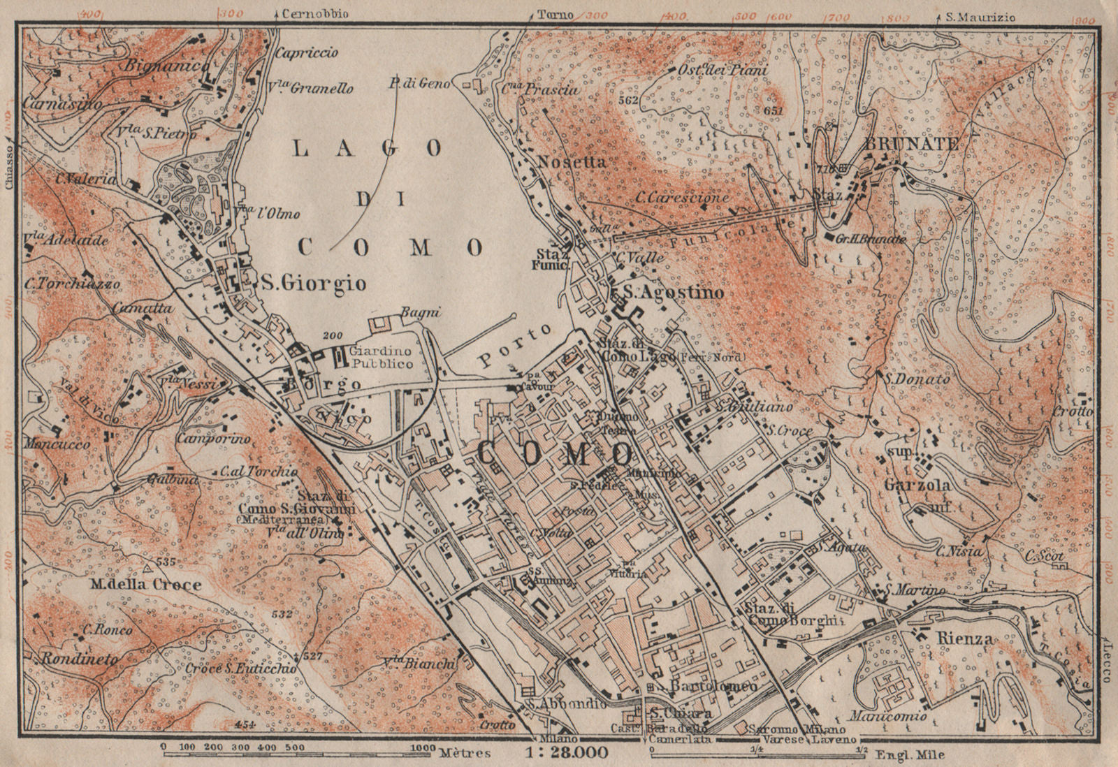 COMO ENVIRONS. Brunate San Giorgio. Italy mappa. BAEDEKER 1905 old antique